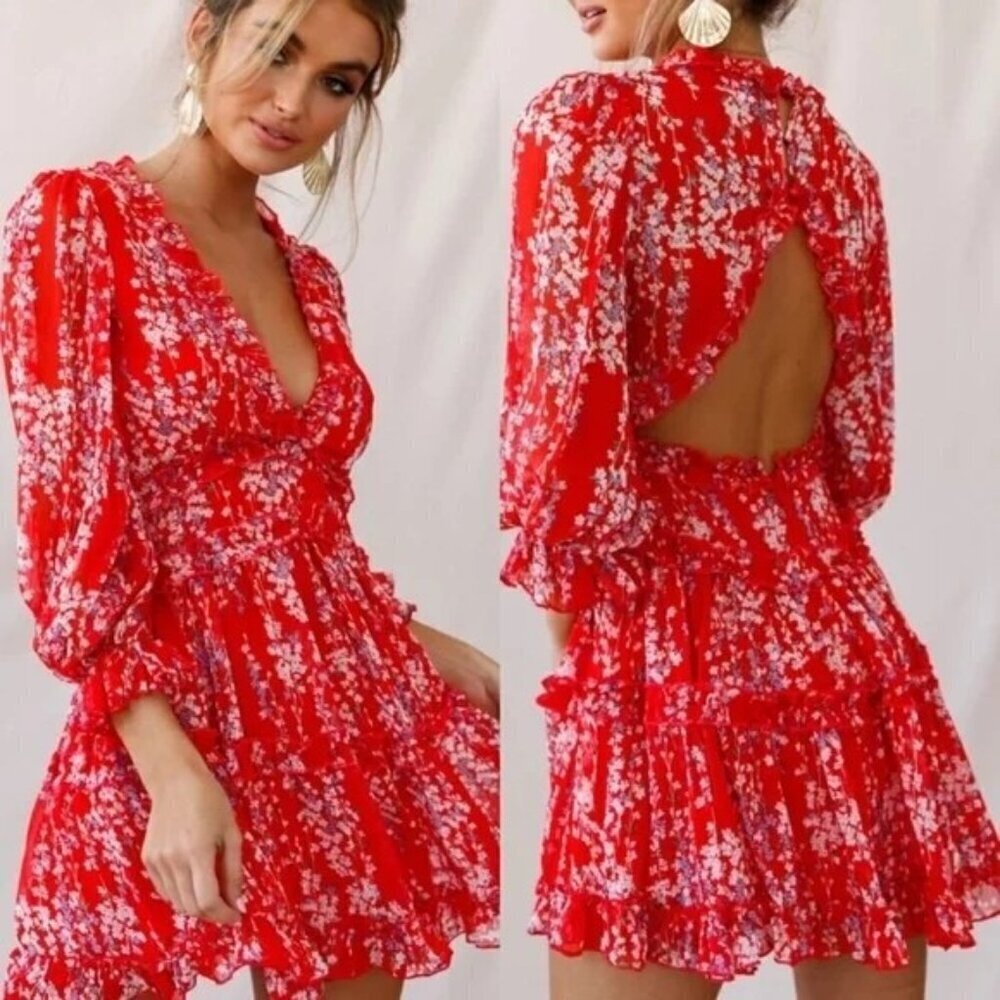 Selfie XL NWT Floral Open Back Ruffle Chiffon Dress Red Long Sleeve Deep V Neck